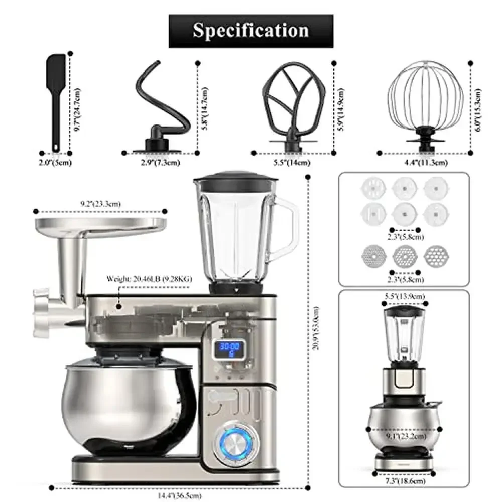 6-in-1 LCD Display Kitchen Electric Mixer 6.5QT Stainless Steel Bowl Multi-Function Mixer Dough Blender Meat Grinder Pasta 3
