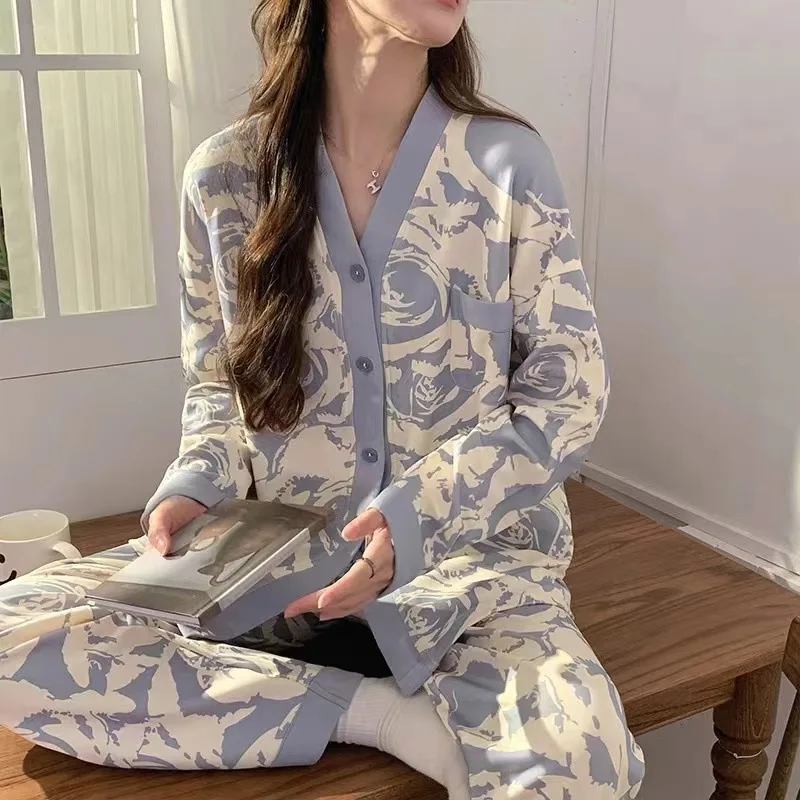 Spring Autumn Women's Imitation Cotton Pajamas V-neck Long Sleeve Cardigan Loose Casual Home Clothing Set Sweet Cute Sleepwear