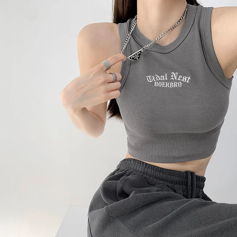 

European And American Hot Girl Vest Letter Embroidery Sleeveless Sports T-Shirt Women's Summer New Short Crop Top
