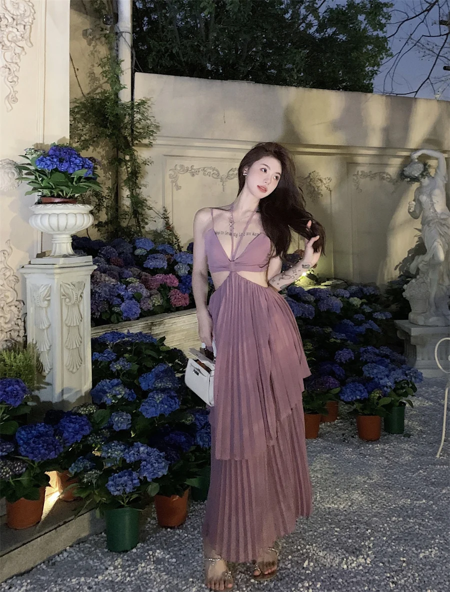 Summer New Fashion Sexy Pleated Holiday Beach Long Dresses for Women Vacation Spaghetti Strap A line Ladies Robe 2025 Sundress
