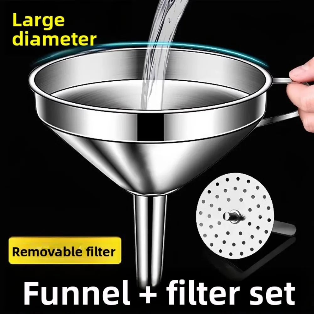 Stainless Steel Funnel Kitchen Oil Liquid Metal Funnel with Detachable Filter Wide Mouth for Canning Kitchen Tools