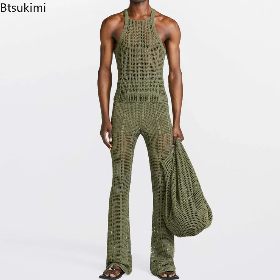 New 2024 Men's Summer Trend Hollow Outfit  Knit Tank Tops and Casual Pants Suit Sets Male Streetwear Sexy Two Piece Sets Men incerun 2023 american style fashion men sets bright glossy short tank tops wide leg pants casual solid male two piece set s 5xl