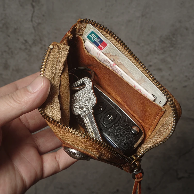 NUKA Top Cowhide Car Key Bags Men Women Vintage  Zipper Coin Purse Genuine Leather Wallet Card Holde ‌Housekeeper Home Organizer 6