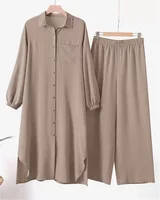 Ensemble de vêtements de sport deux pièces pour femmes, chemise à manches longues, pantalon à jambes larges, monochromatique élégant, vêtements de luxe islamiques, arabe 1