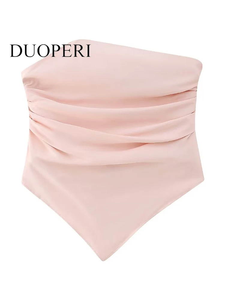 

DUOPERI Women Fashion Pink Pleated Side Zipper Backless Cropped Tops Vintage Strapless Slash Neck Female Chic Lady Tops