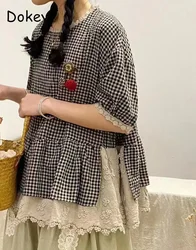 Vintage Embroidery Lace Patchwork Plaid Shirt Women Japanese Kawaii Short Sleeve Cotton Linen Blouse Female Mori Girl Lolita Top