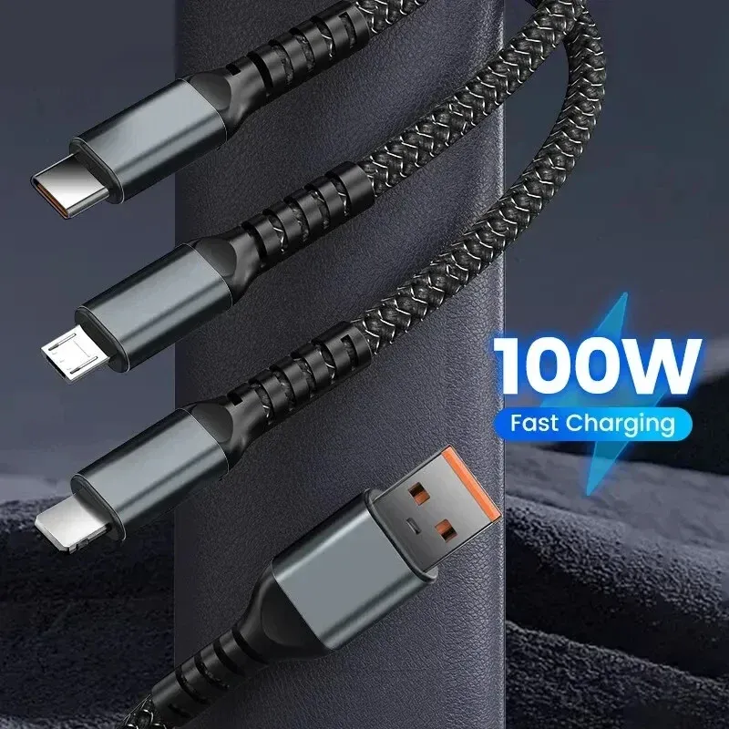 100W Fast Charging Cable 3 In 1 Type C Usb Micro 6A Super Fast Charging For iPhone14 13 Samsung Xiaomi Huawei Fast Charger Cable