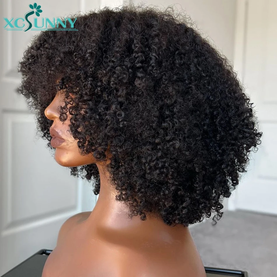 Kinky Curly Bang Wig Human Hair Short Curly Human Hair Wigs With Bangs Full Machine Made Wig Glueless Natural Hair Xcsunny 4