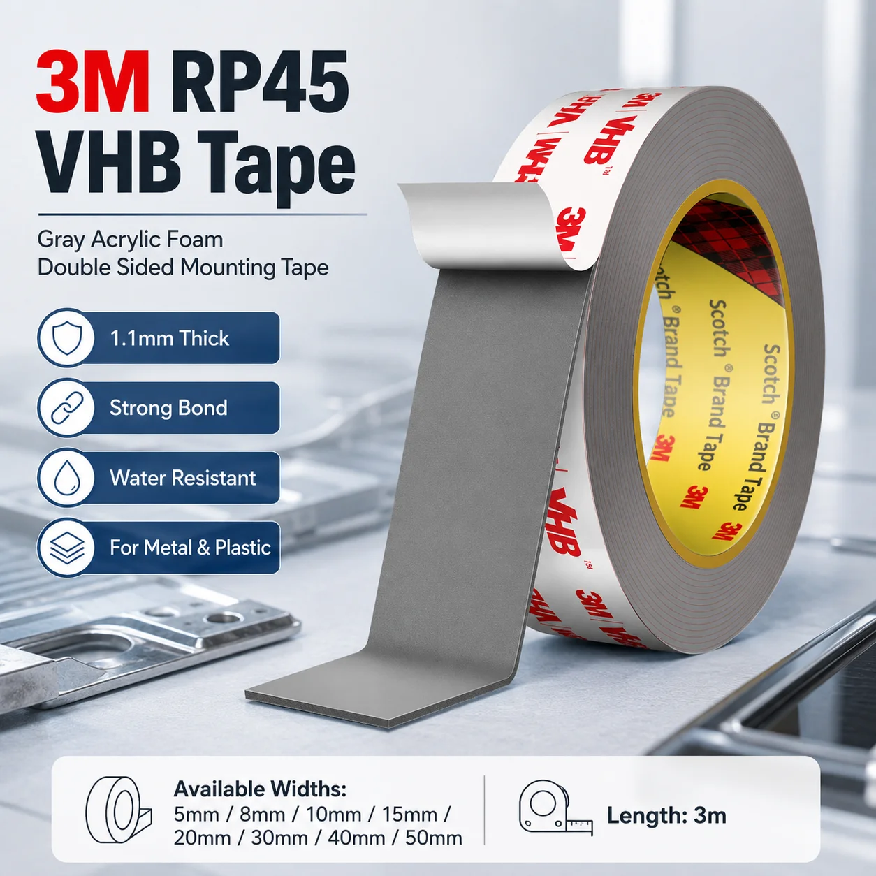 High-Strength Gray Acrylic Foam Double Sided Mounting Tape, 1.1mm Thick, Ideal for Automotive, Electronics, and Metal Applications