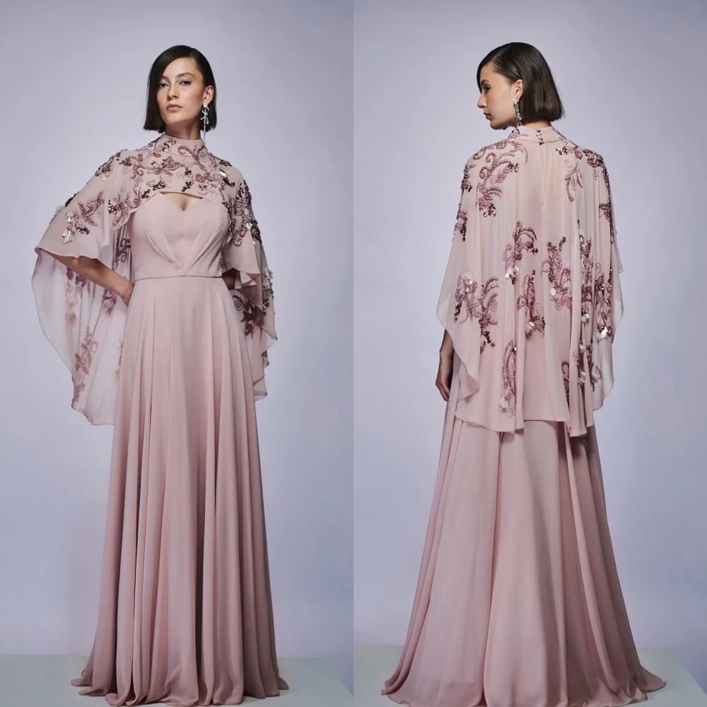 Chiffon Sequined Applique Beading Ruched Celebrity A-line High Collar Bespoke Occasion Gown Long Dresses