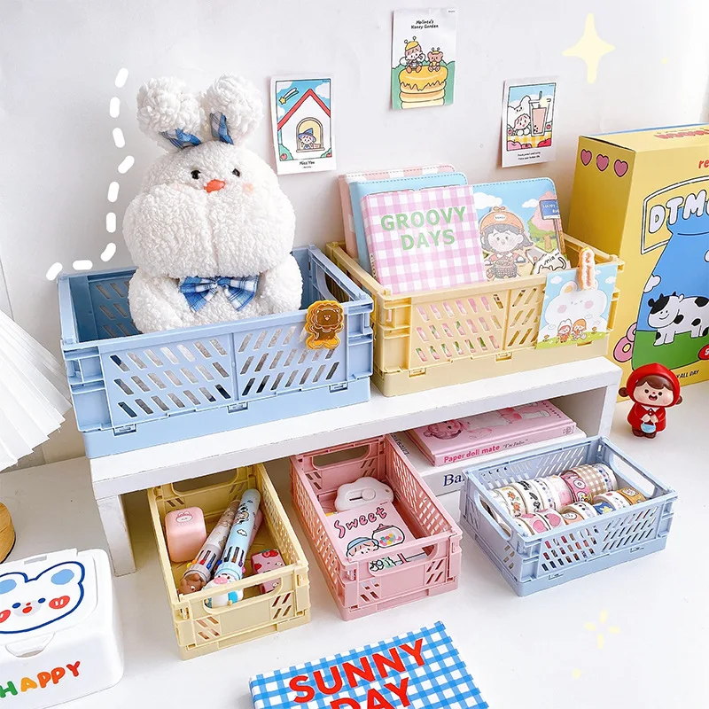 

5 Color Organizing Storage Baskets Case Folding Student Desktop Basket Tape Stationery Plastic Foldable Container Storage Box