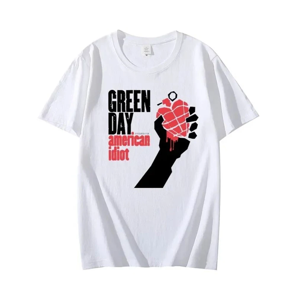 GREEN DAY American Idiot 프린트 티셔츠 아메리칸 펑크 밴드 프린트 패션 라운드 넥 반소매 탑 남성용 캐주얼 루즈 티셔츠