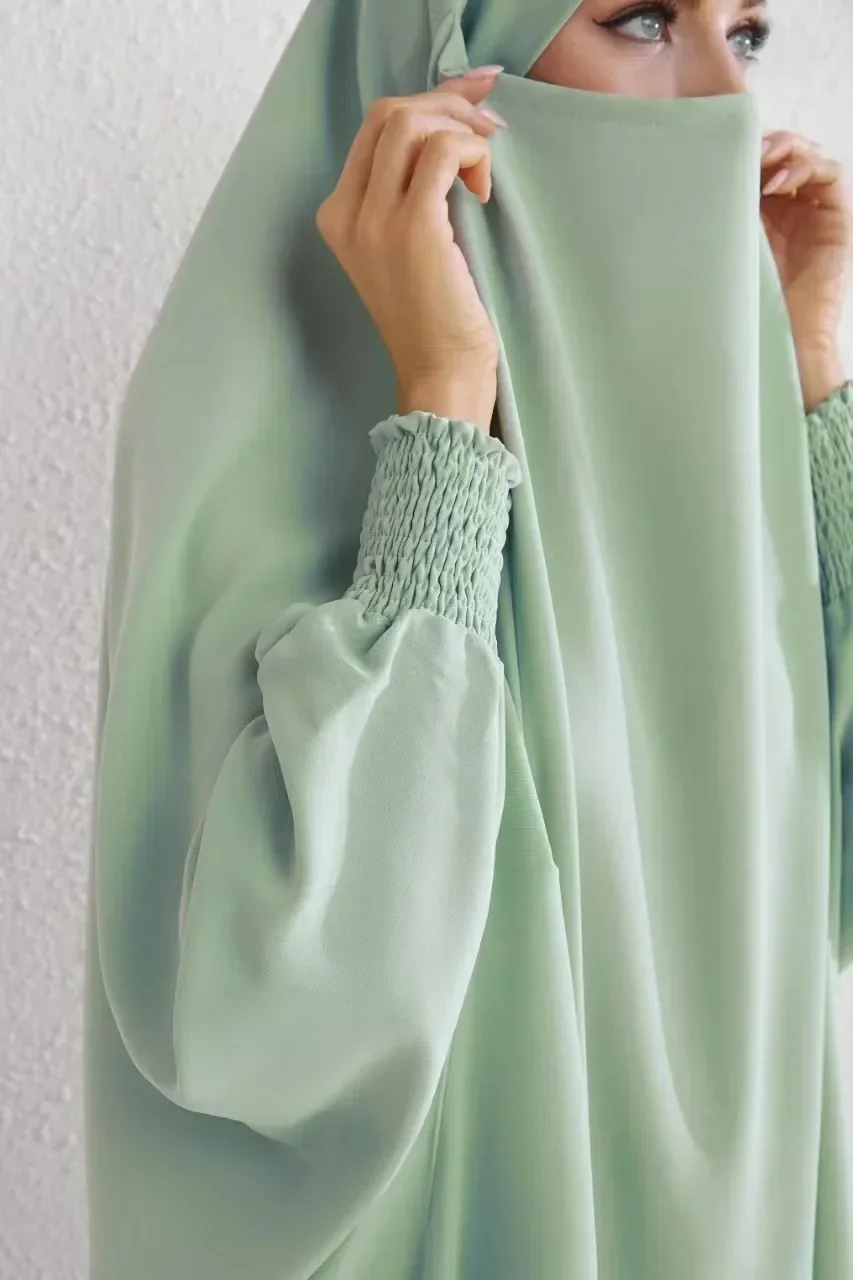 Ramadan Hooded Abaya Muslim Smocking Sleeve Jilbab One Piece Prayer Dress Women Islamic Clothing Dubai Saudi Robe Turkish Niqab