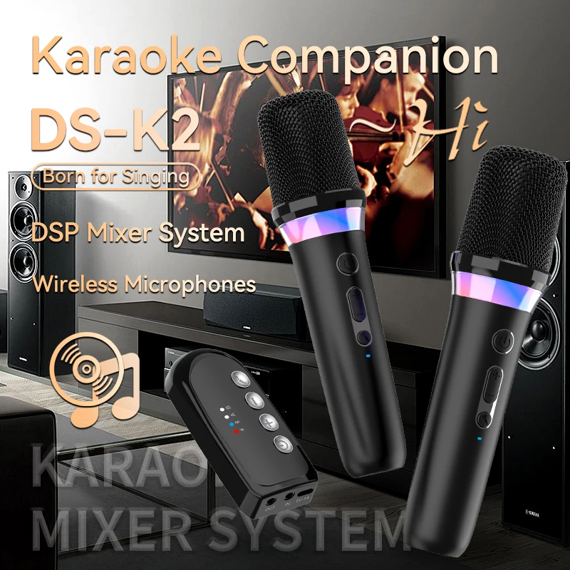 VAORLO DS-K2 가라오케 컴패니언 Bluetooth 5.3 무선 이동 코일 마이크 RGB 다채로운 빛 KTV DSP 믹서 시스템 유선 스피커/자동차 키트/PC/TV/전화용 3.5MM AUX Type-C