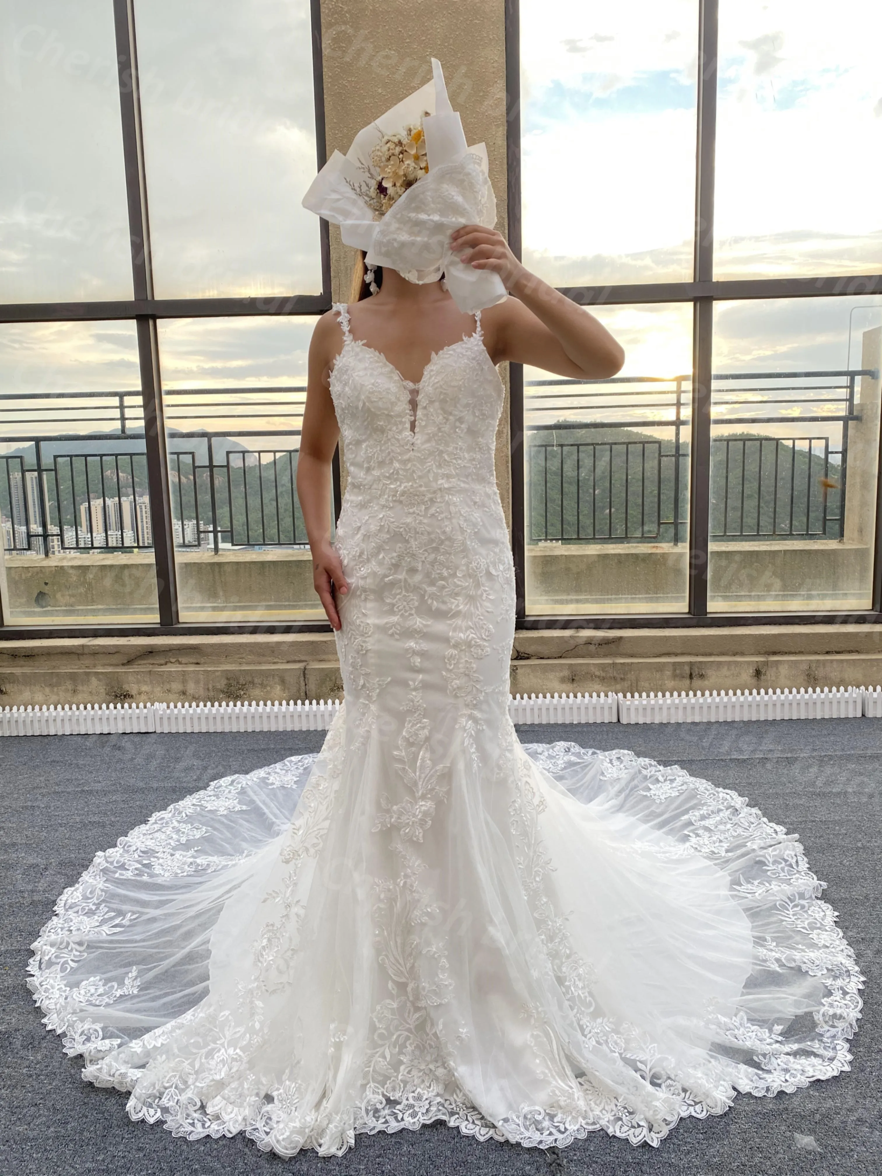 

C3022M Lace Applique and Beading Mermaid Wedding Dress for Bride, Spaghetti Straps Backless Zipper Bridal Dress