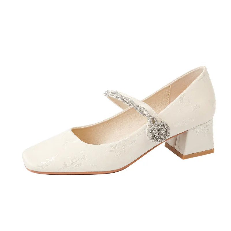 2025 Spring New Chinese Embroidery National Style Square Toe Mary Jane Women's Shoes Chunky Heel Rhinestone Strap Single Shoes 3