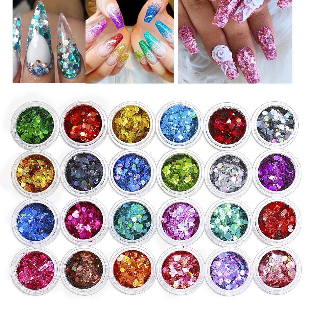 

24jars/Set Rainbow Holographic Chunky Nail Glitters Spangles Powder 24 Colors Face Body Eye Mix Size 0.2-3mm Nail Art Sequins