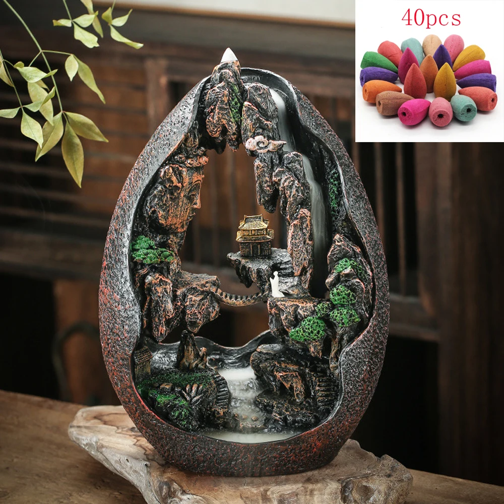 

40pcs Cone+Waterfall Incense Burner Creative Resin Smoke Backflow Censer Holder Accessories Office Tea Temple Home Decor