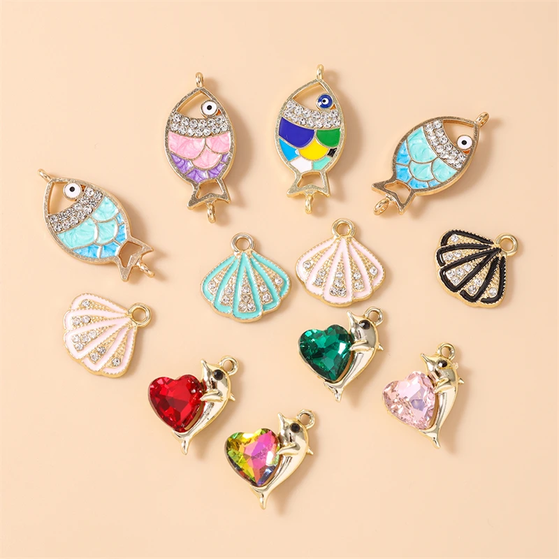 10pcs 귀여운 해양 생물 참 크리스탈 합금 물고기 쉘 참 펜던트 목걸이 귀걸이 만들기 DIY 공예 쥬얼리 액세서리