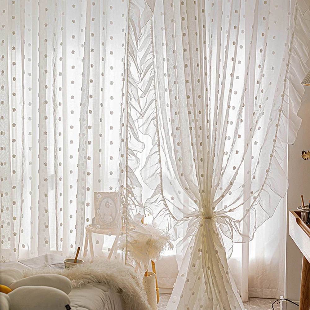 Bělouš bambulí úplný záclony dívčí pokoj romantické elegantní vintage krajky tyl lehký filtering okno drapes záclony pro ložnice