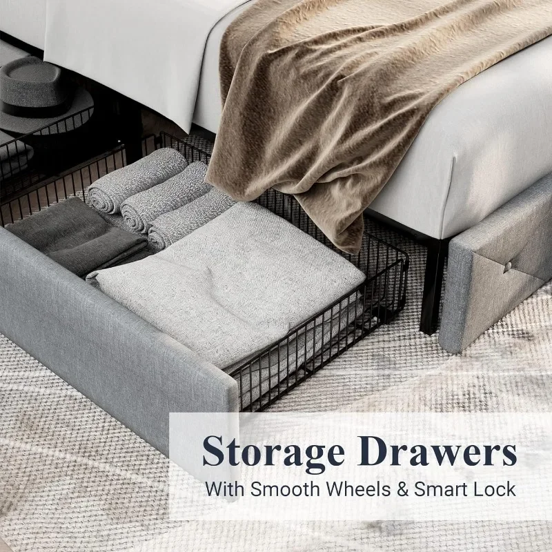 Description Picture 6 of itemUpholstered King Size Platform Bed Frame with 4 Storage Drawers and Headboard Diamond Stitched Button Tufted No Box Needed Grey