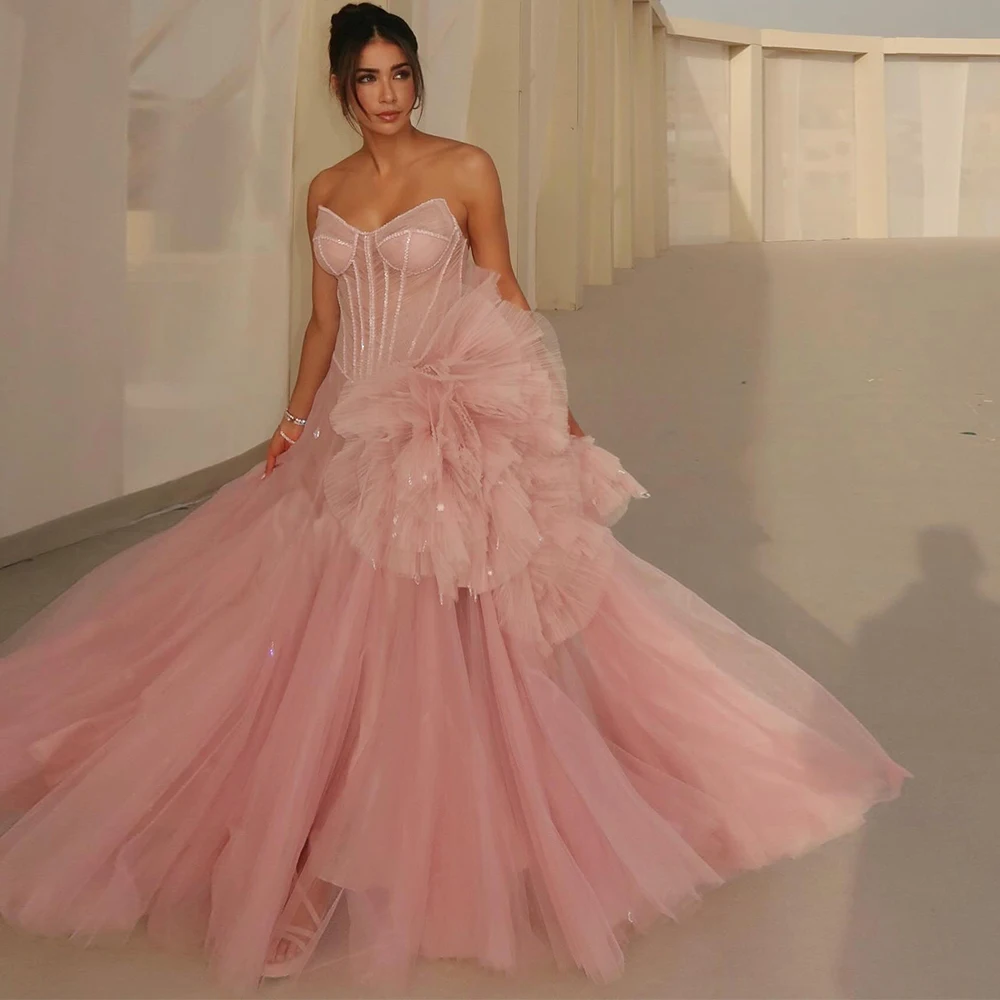 

20128# Elegant Strapless Pink Pleat Tulle Evening Gown For Woman Stunning 3D Flowers Prom Party Dress 2024
