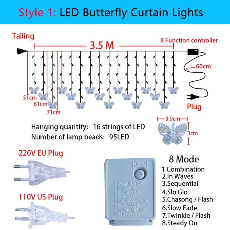 Butterfly LED Curtain Lights Guirlanda de Natal