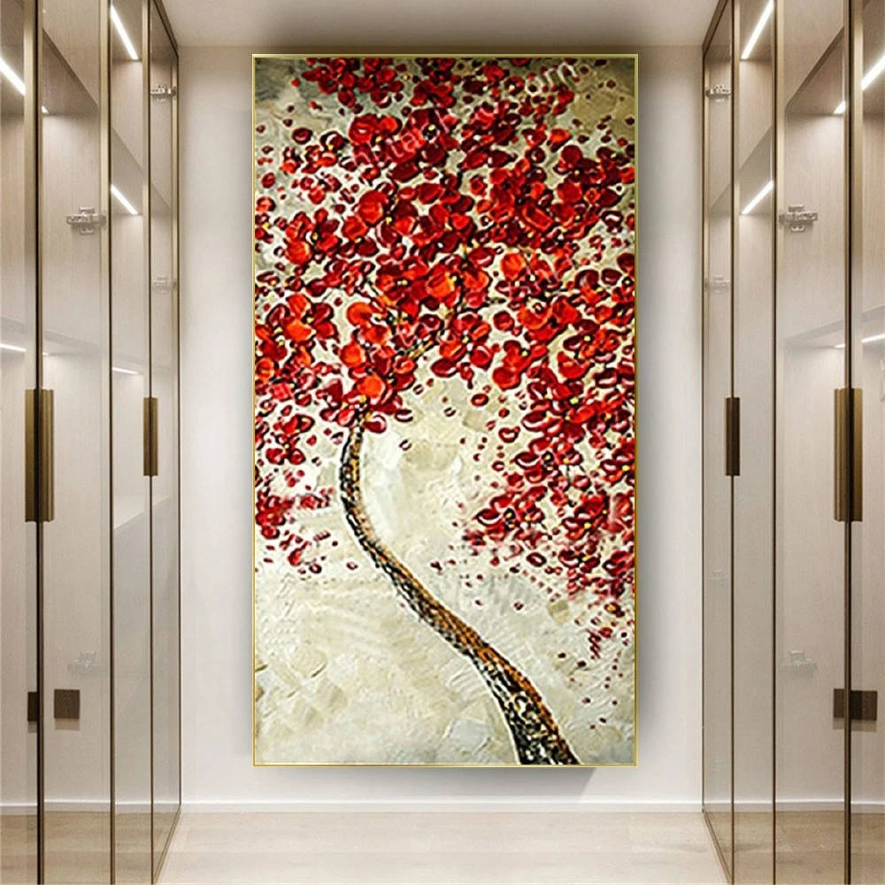 

Natural Scenery Wall Art Picture Red Tree Mural Handpainted Modern Abstract Oil Paintings On Canvas Poster For Living Room Decor