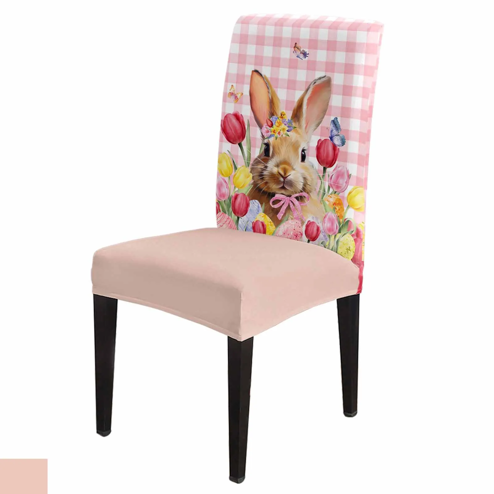 

Easter Bunny Tulip Butterfly Plaid Chair Cover Set Kitchen Stretch Spandex Seat Slipcover Home Decor Dining Room Seat Cover