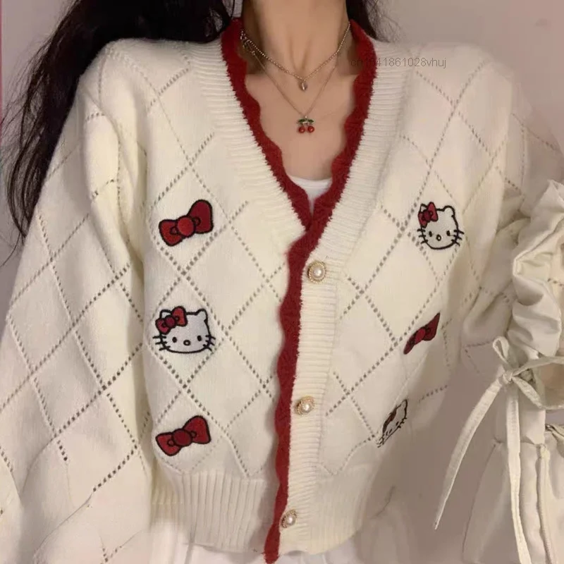 Y2k 산리오 헬로 키티 패턴 여성 가디건, 루즈 스웨터, 학생 프레피, 스위트 걸, 귀여운 니트웨어, 올매치 소프트 탑