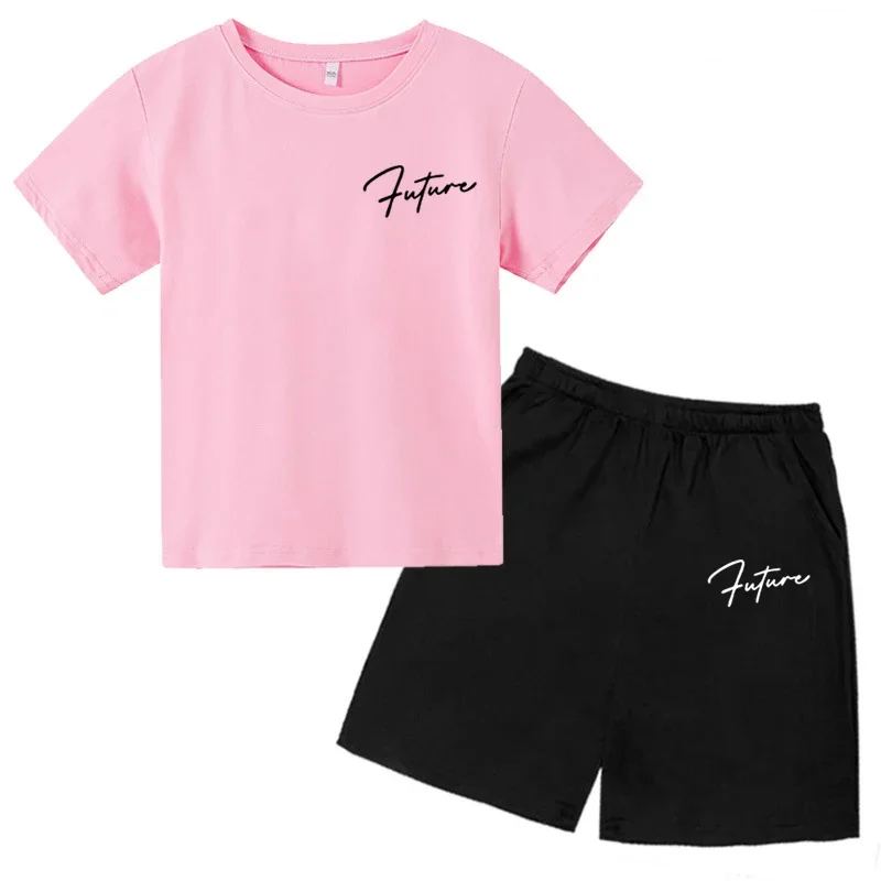 thumbnail image 1 of Conjunto de 2 piezas de camiseta y pantalones cortos informales con estampado de letras para niños y adolescentes a la moda para verano, 1 of 5