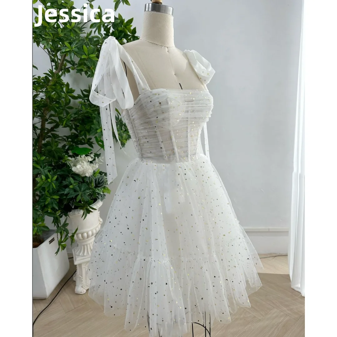 Jessica Shining Starry Sky Prom Dresses White Tulle Fairy Evening Dresses Mini Short Cocktail Party Dresses 2024 Abito Da Sposa