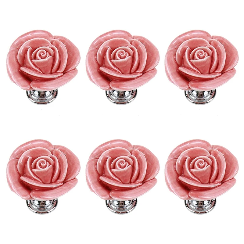 Ceramic Rose Cabinet Knobs 6 Pack Cupboard Door Knobs Drawer Dresser Pull Handles With Screws (Pink)