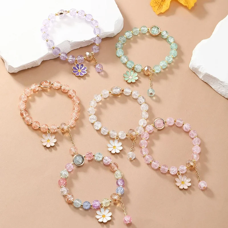 6pcs/set Colorful Popcorn Crystal Beaded Women Bracelet Daisy Flower Butterfly Pendant Valentine's Day Gifts