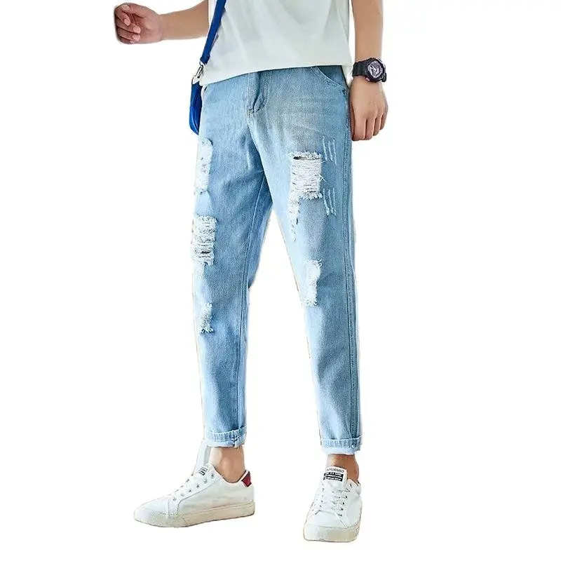 Summer 2022 New Beggar Personality Ripped Hole Denim Jeans Men Cowboy Korean Slim Feet Casual Ankle Length Teenagers Men Pants