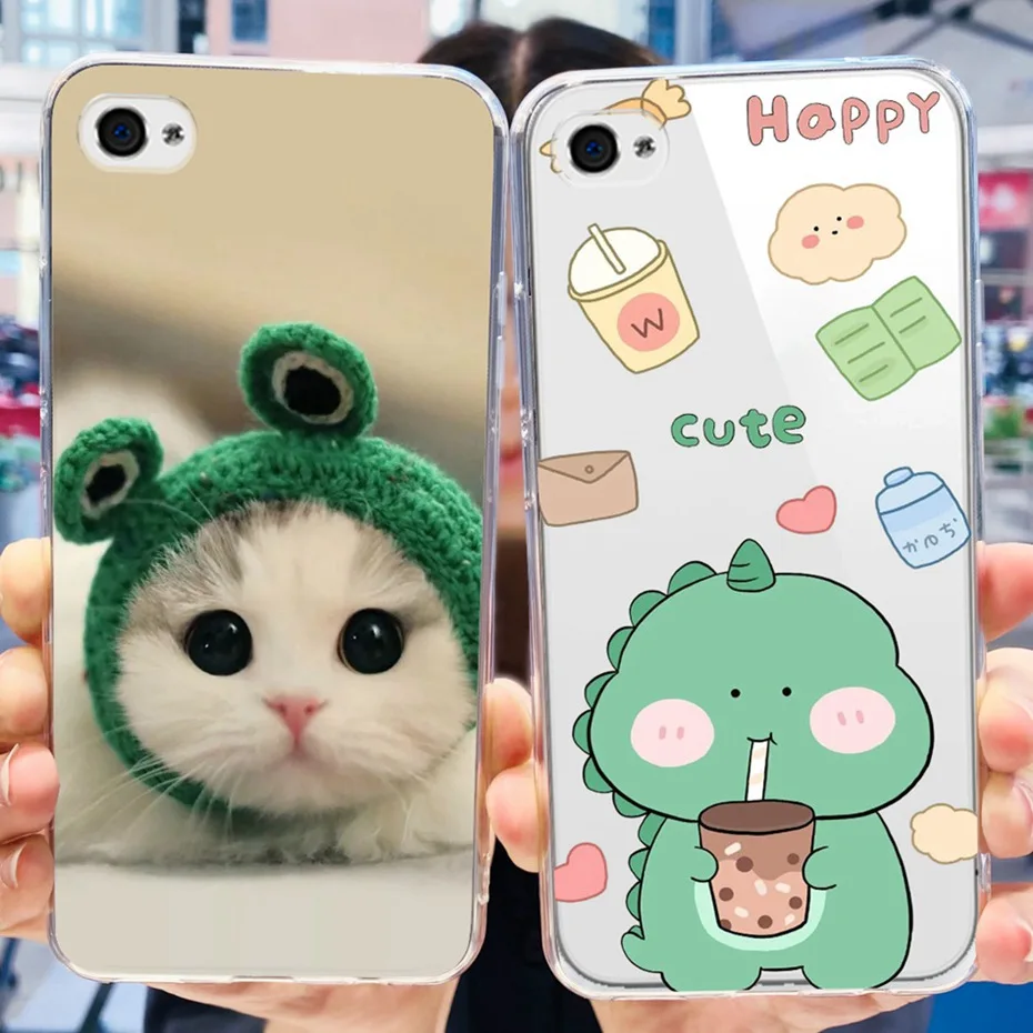 Custodia Per Iphone 4 4S Cute Cat Dinosaur Pattern Cover Posteriore Per Iphone4 Iphone4S Custodie Per Telefoni In Tpu Trasparente In Silicone Morbido