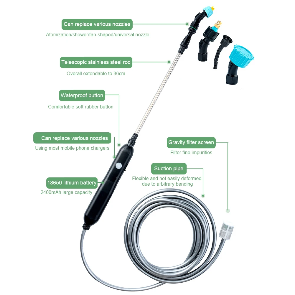 Pesticide Spray Watering Electric Tools with 2 Nozzles Hose Plant Flower Mister Sprayer Rechargeable Yard Lawn Irrigation Supply