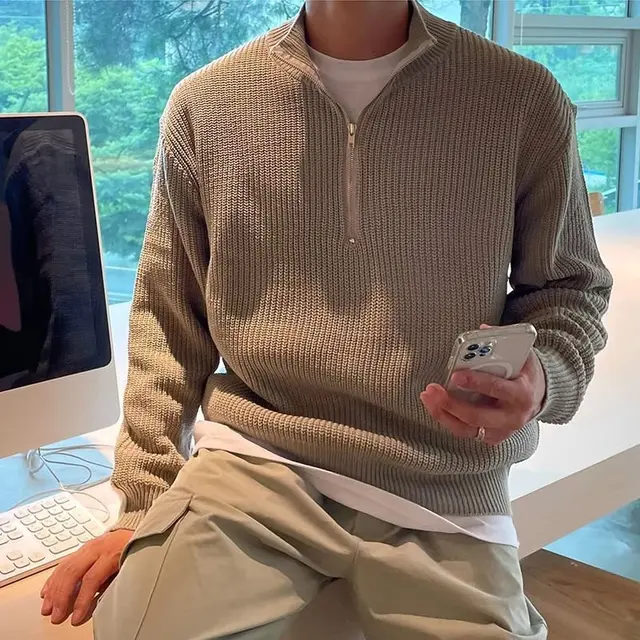 Japanese Style Casual Sweater Half Zip Hoodie Knitted Soft Cozy Retro Lazy Trendy Women's Autumn Fashion Long Sleeve round Neck 1