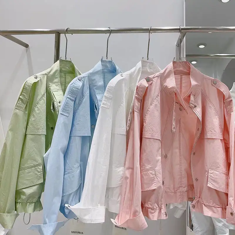 

QWEEK Korean Style Black Cropped Jacket Women Harajuku Fashion Windbreaker White Oversize Jackets Summer 90s Aesthetic Outerwear