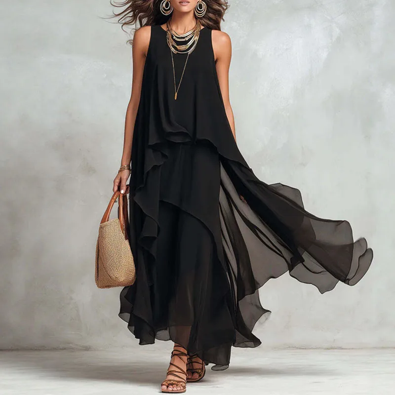Boho Sexy Sleeveless Maxi Dress Irregular Hem Flowy Chiffon Long Dresses Women Elegant Layered Tunic Summer Beach Vacation Dress 5