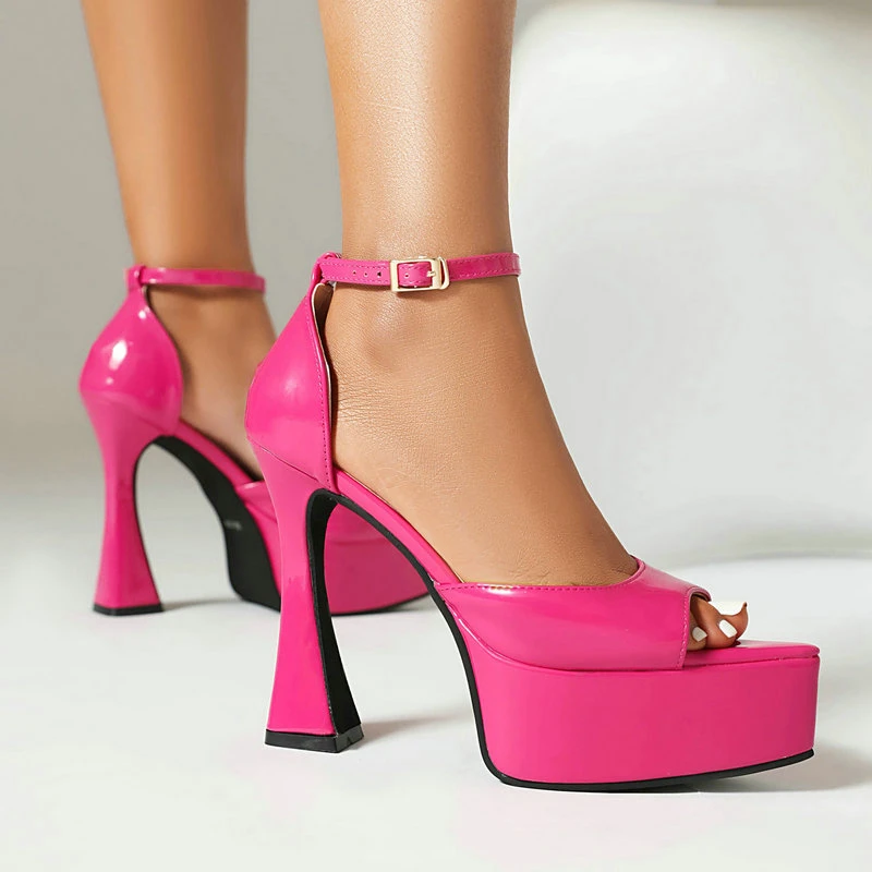 

2024 Summer Women High Heel Shoes Platform Square High Heel Ladies Sandals PU Leather Open Toe Buckle Dress Women Shoes Big Size