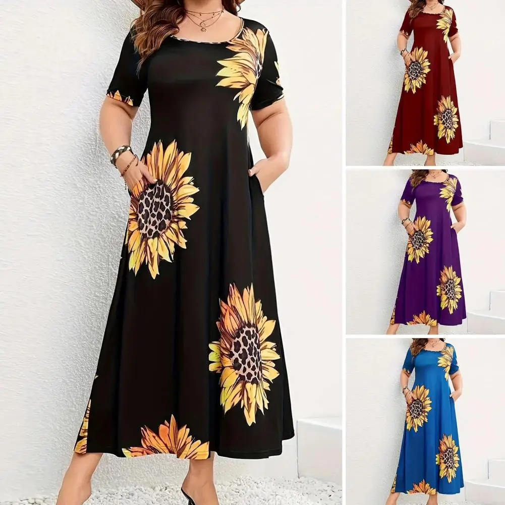 

Women Summer Dress Sunflower Print A-line Loose Big Hem Short Sleeves Pullover High Waist Breathable Ankle Length Maxi Dress