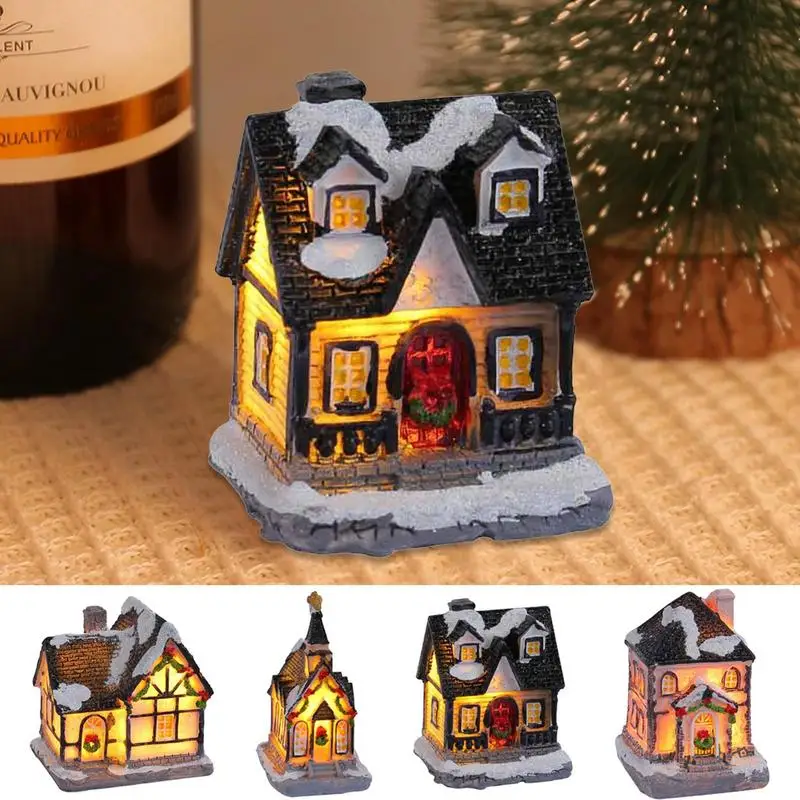 

Christmas Village Houses LED Mini Resin Cottage Figure Christmas Ornaments Snow Scene Village House For Home Desktop Decor