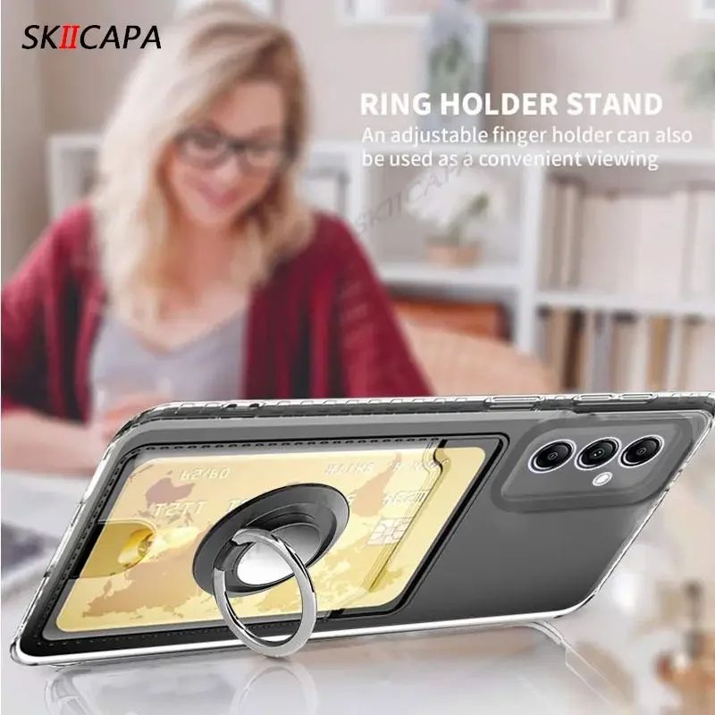Transparent Card Slot Wallet Holder Silicone Case with Magnetic Ring Stand and Soft Cover