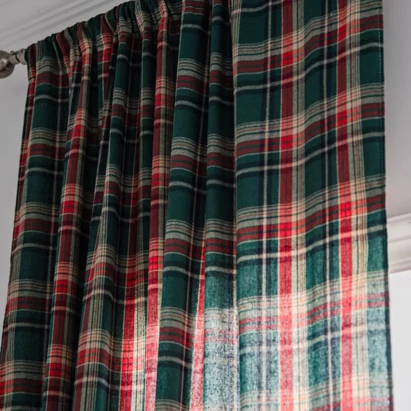 Green Check Plaid Curtains Farmhouse Style Gingham Curtain Christmas Decorative Adjustable Shades Rod Pocket Window Valances 3