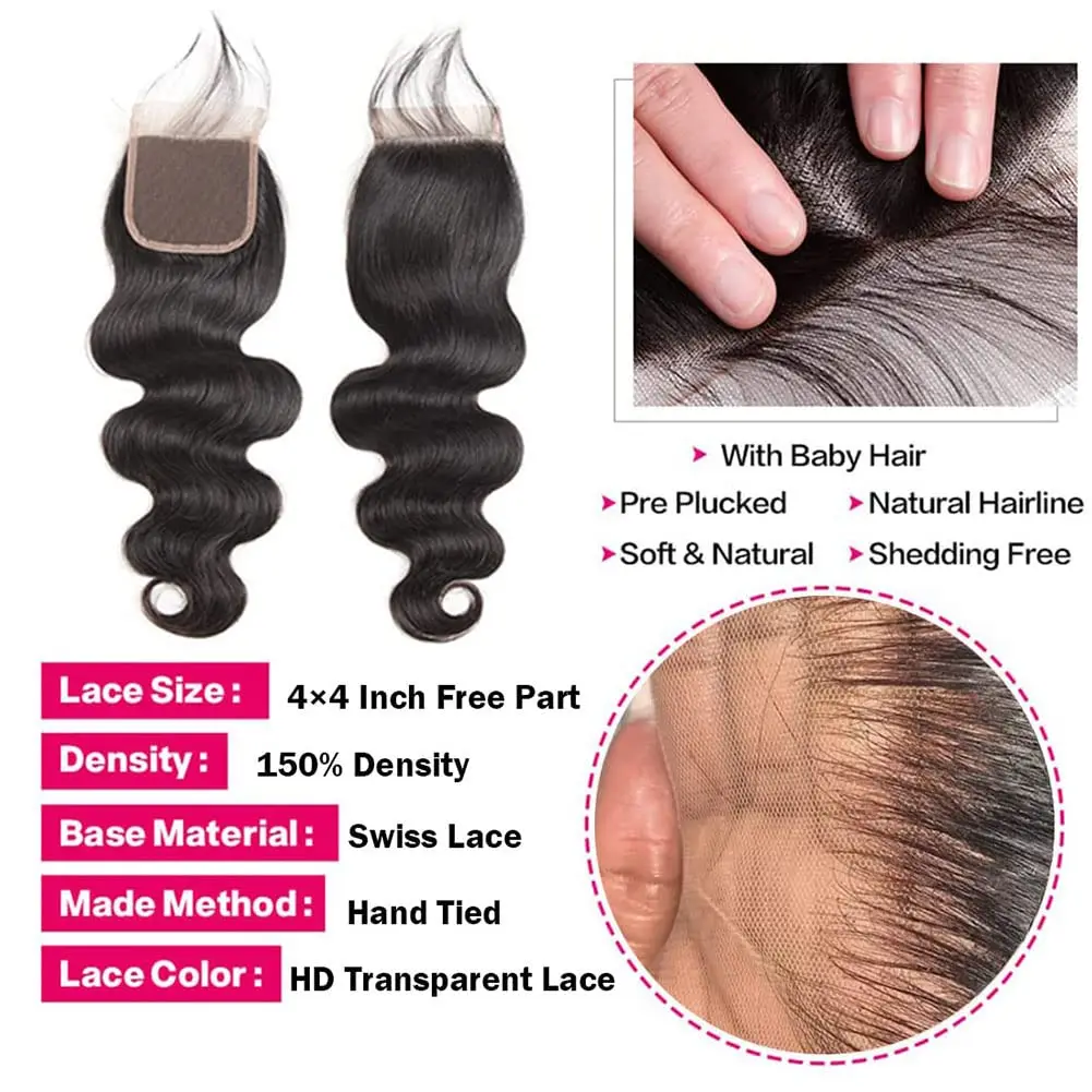 Body Wave Closure 4x4 Free Part Closure Brazilian Human Hair Body Wave Lace Virgin Human Hair Swiss Lace closure
