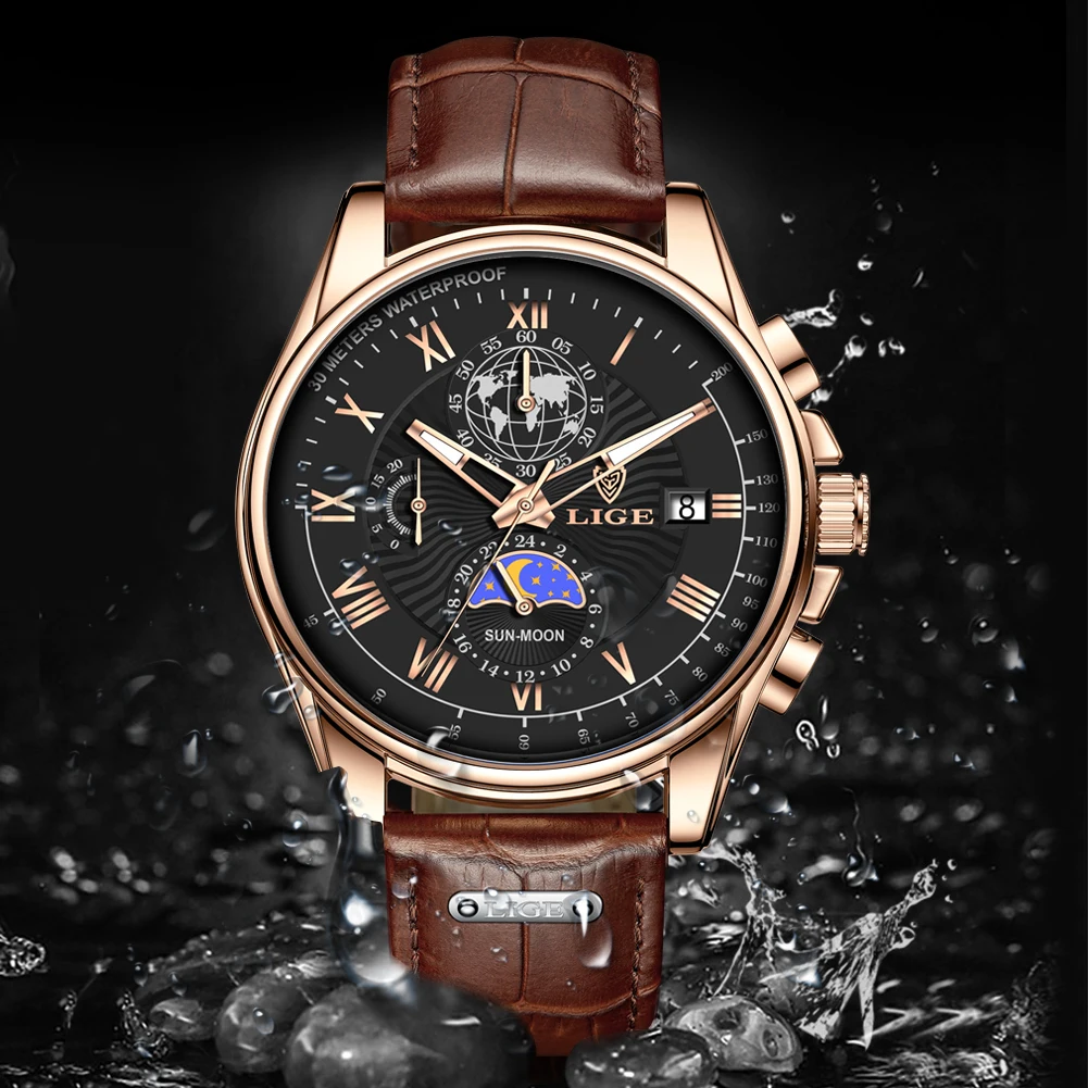 LIGE Men Watches Top Brand Luxury Leather Watch For Men Casual Sports Quartz Man Wristwatch Military Waterproof Luminous relogio