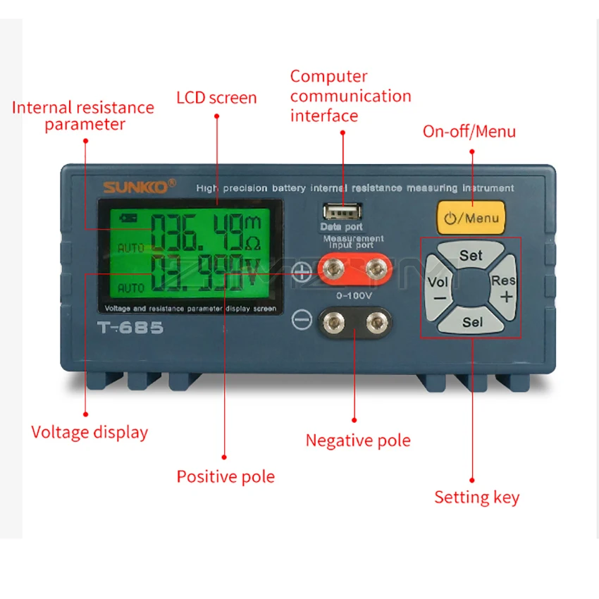 SUNKKO T685 High-Precision Internal Resistance Tester for 18650 Lithium Battery Voltage Internal Resistance Tester Detector