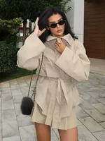 HH Women High Street Short Coat Lapel Wear Belt Single-breasted Women Autumn Fashion Pockets Long Sleeves Solid Jackets 2