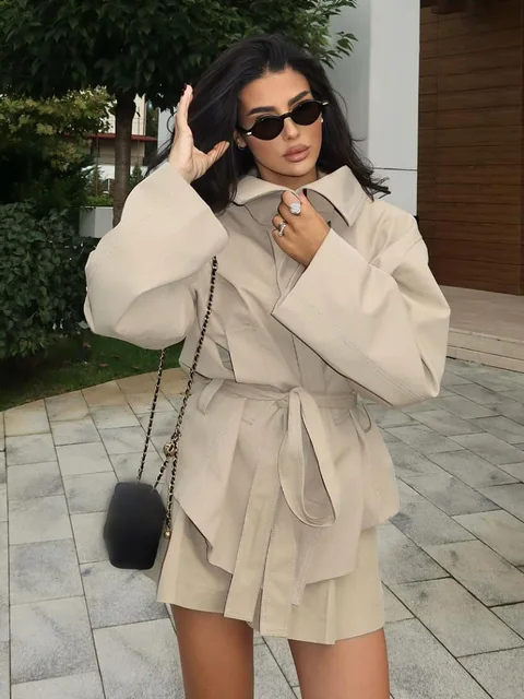 HH Women High Street Short Coat Lapel Wear Belt Single-breasted Women Autumn Fashion Pockets Long Sleeves Solid Jackets 2